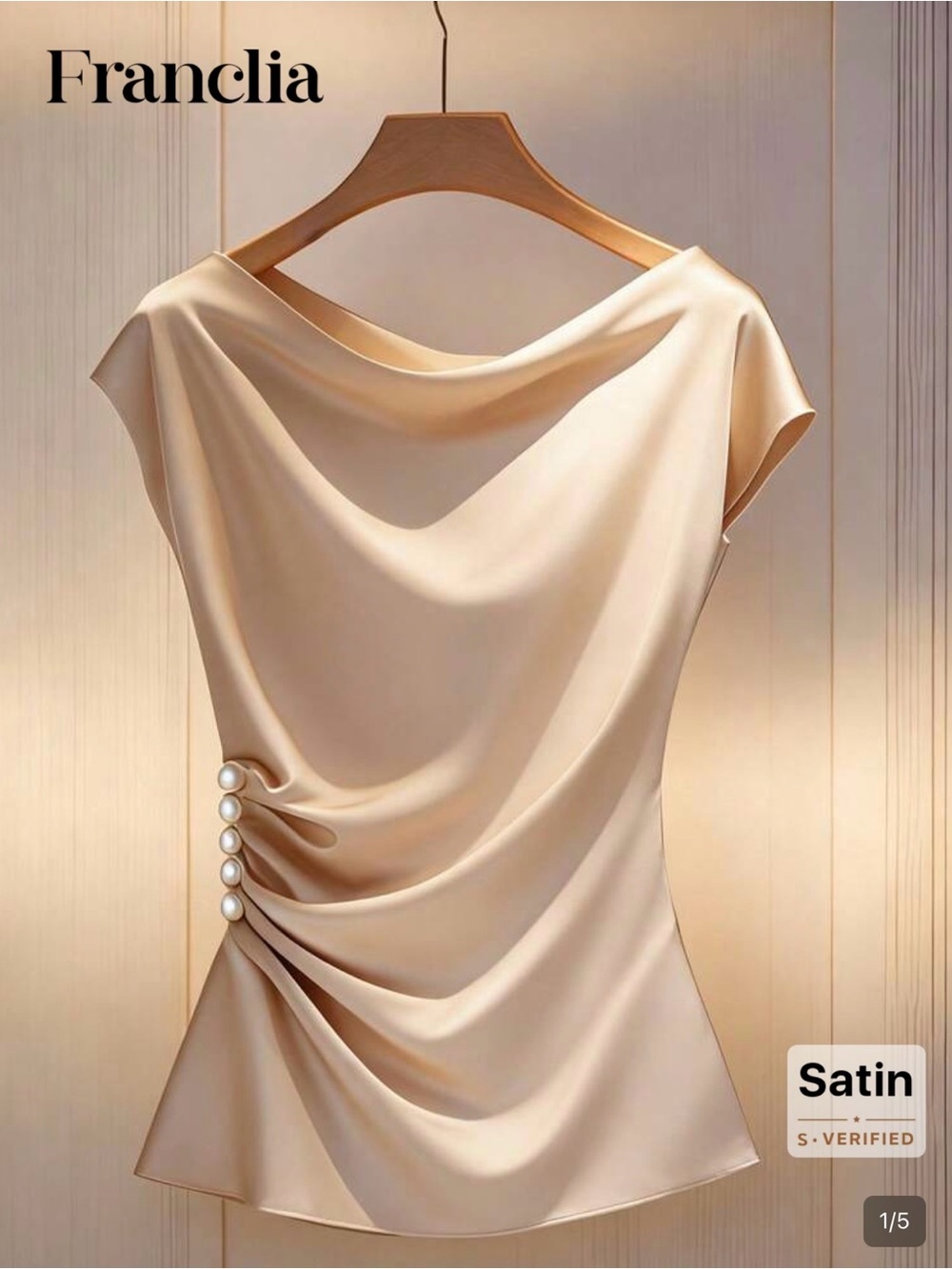 Francila Satin Pearl-Accent Cream Draped Women's Top